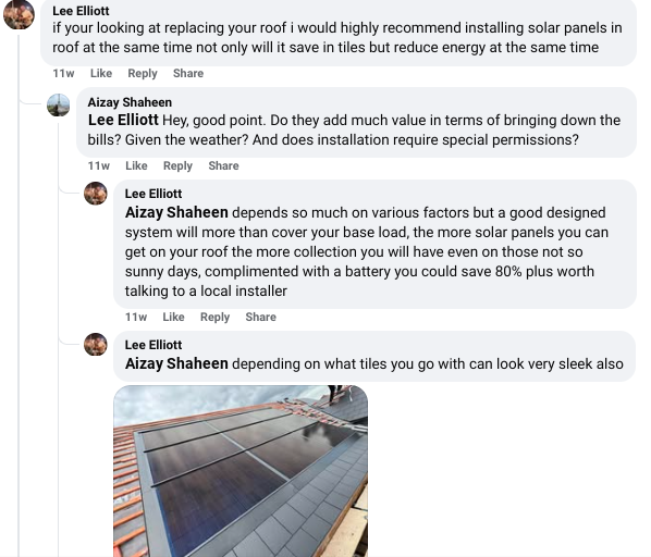 facebook comment will you save money installing solar panel whilst replacing your roof